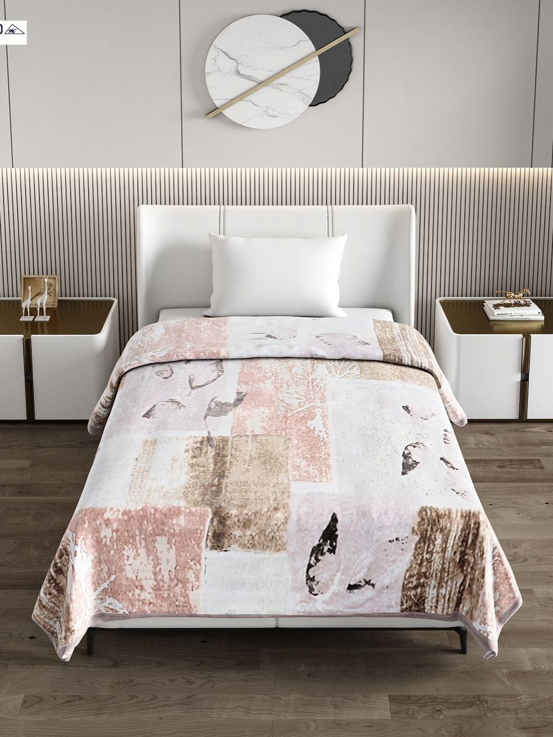 Monte Carlo Beige & White Abstract Printed 850 GSM Mild Winter Single Bed Blanket