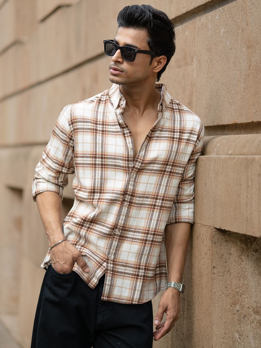 Powerlook Men Tartan Checked Spread Collar Cotton Casual Shirt