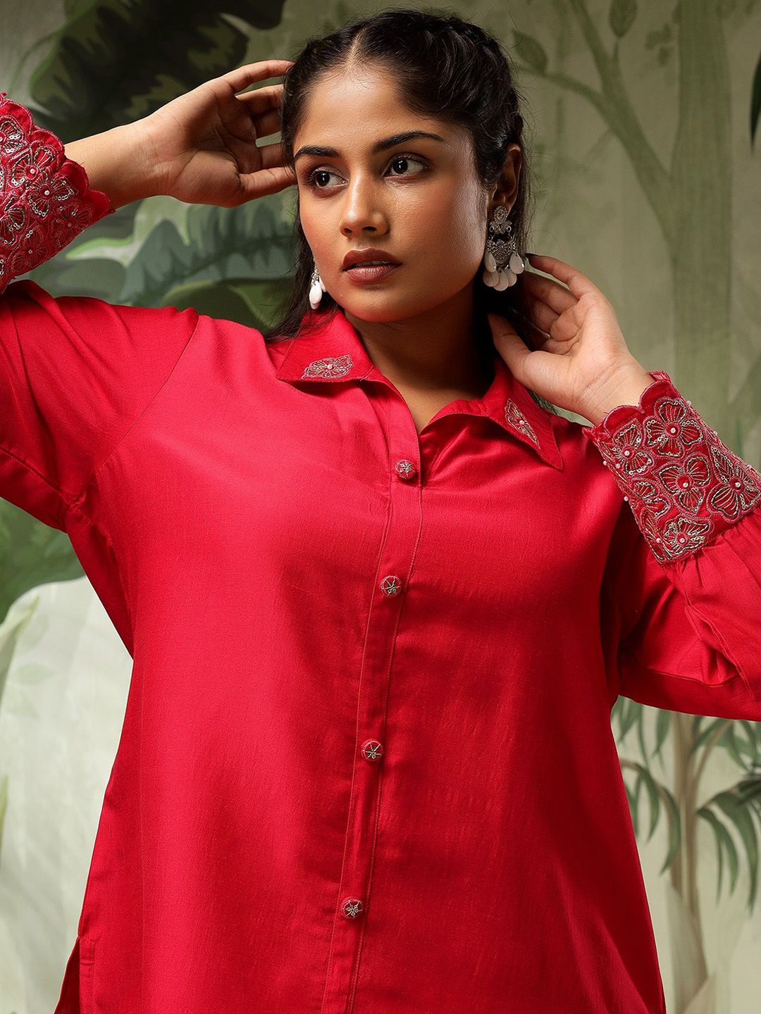 Bani Women Plus Size Embroidered Puff Sleeves Pure Silk Shirt With Trousers