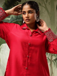 Bani Women Plus Size Embroidered Puff Sleeves Pure Silk Shirt With Trousers
