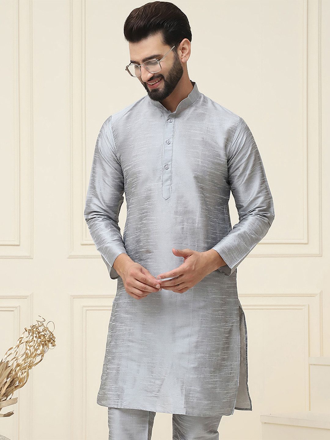SOJANYA Band Collar Neck Long Sleeves Regular Dupion Silk Straight Kurta