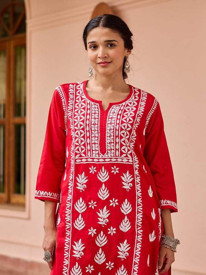 House of Chikankari Women Red Cotton Chikankari Embroidered Kurta