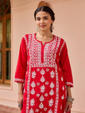 House of Chikankari Women Red Cotton Chikankari Embroidered Kurta