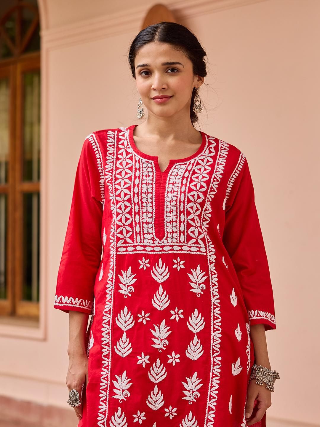House of Chikankari Women Red Cotton Chikankari Embroidered Kurta