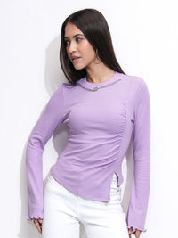Tokyo Talkies Women Ribbed Mock Neck Bell Sleeve Fitted Top