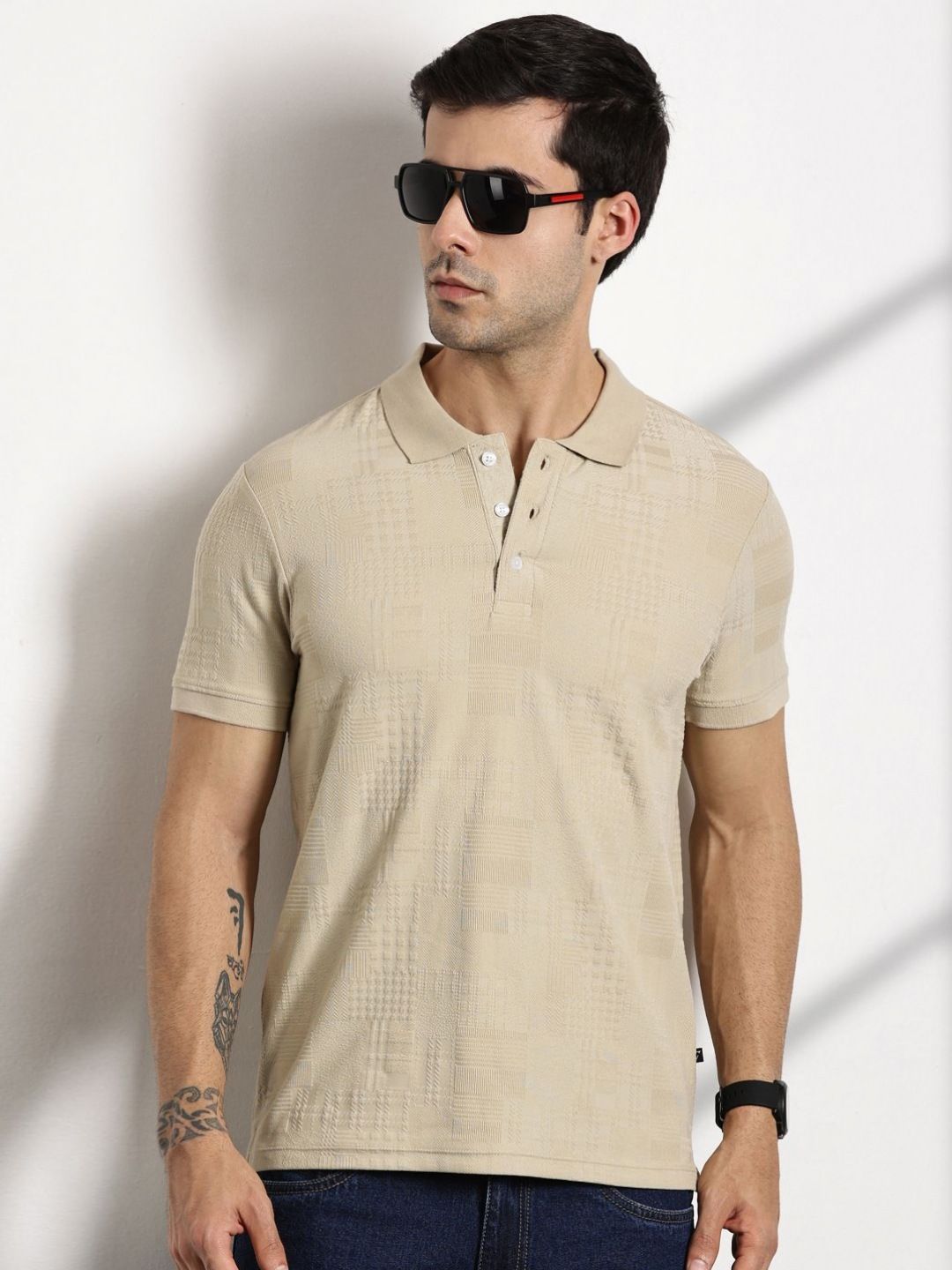 Thomas Scott Men Textured Polo Collar Regular Fit T-shirt