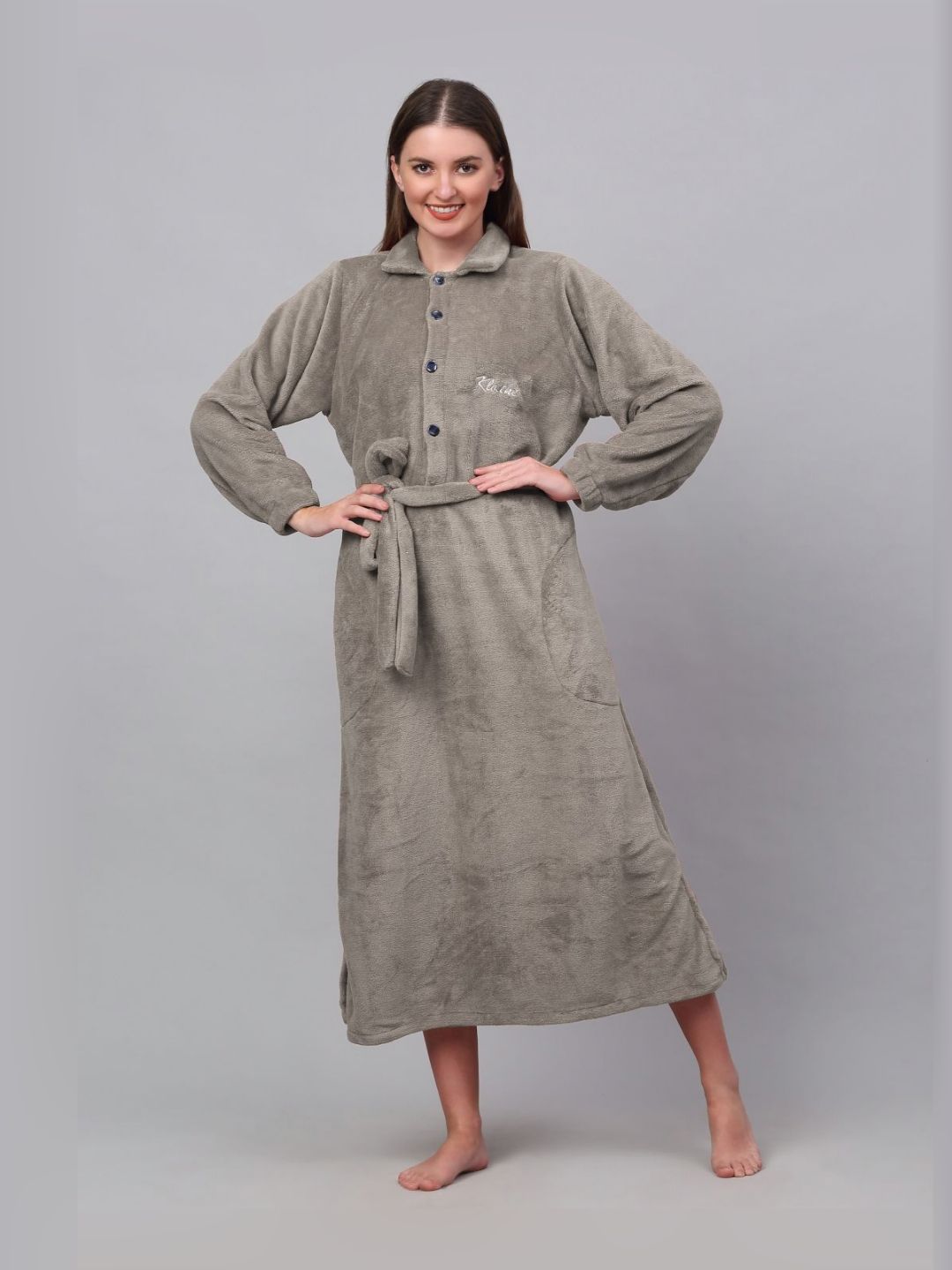 KLOTTHE Beige Woollen Long Sleeves Bath Robe With Belt