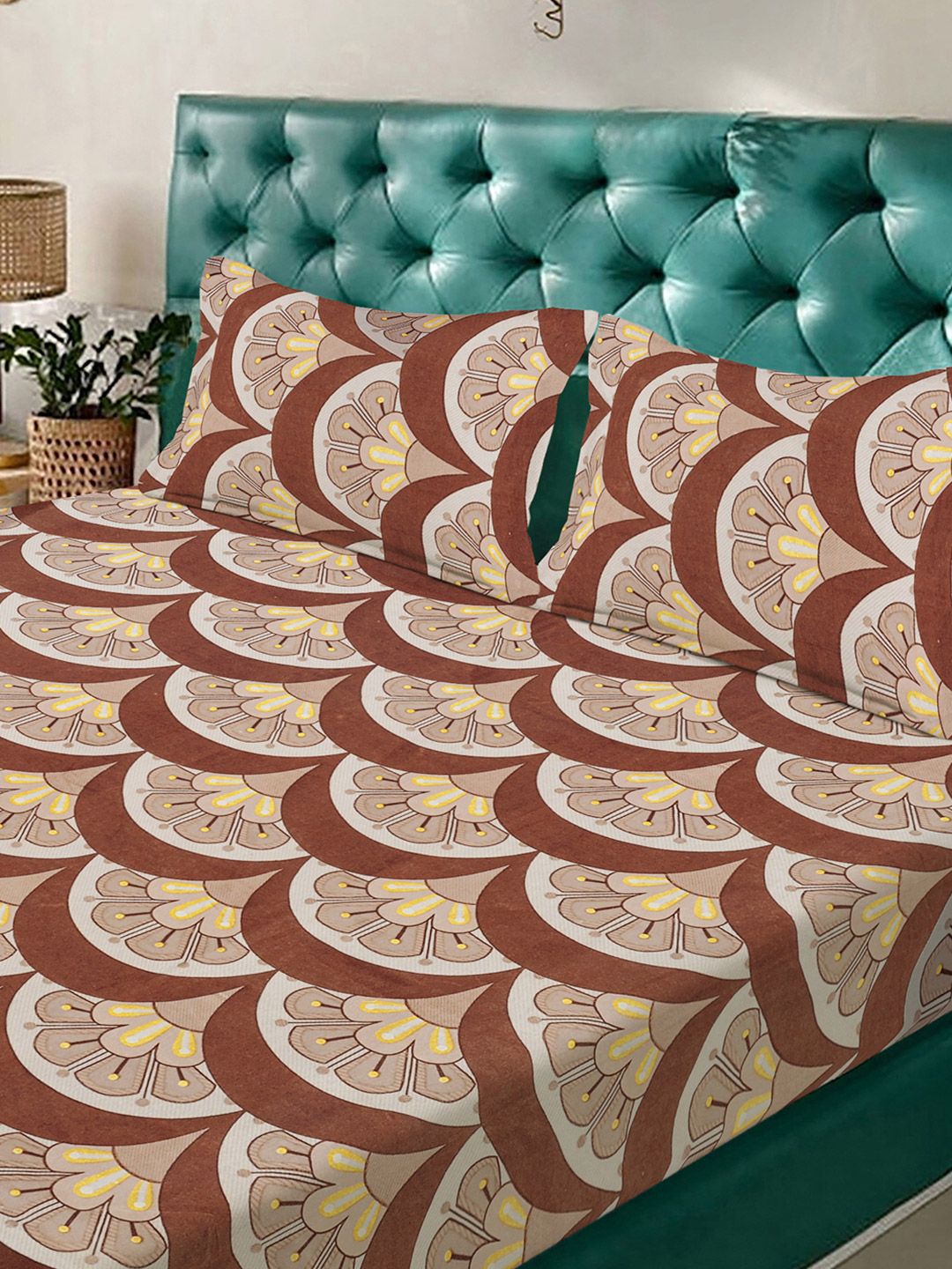 Aura Coklat & Kuning Bunga Bercetak Set Cadar King Double 300 TC-2.50 m X 2.25 m