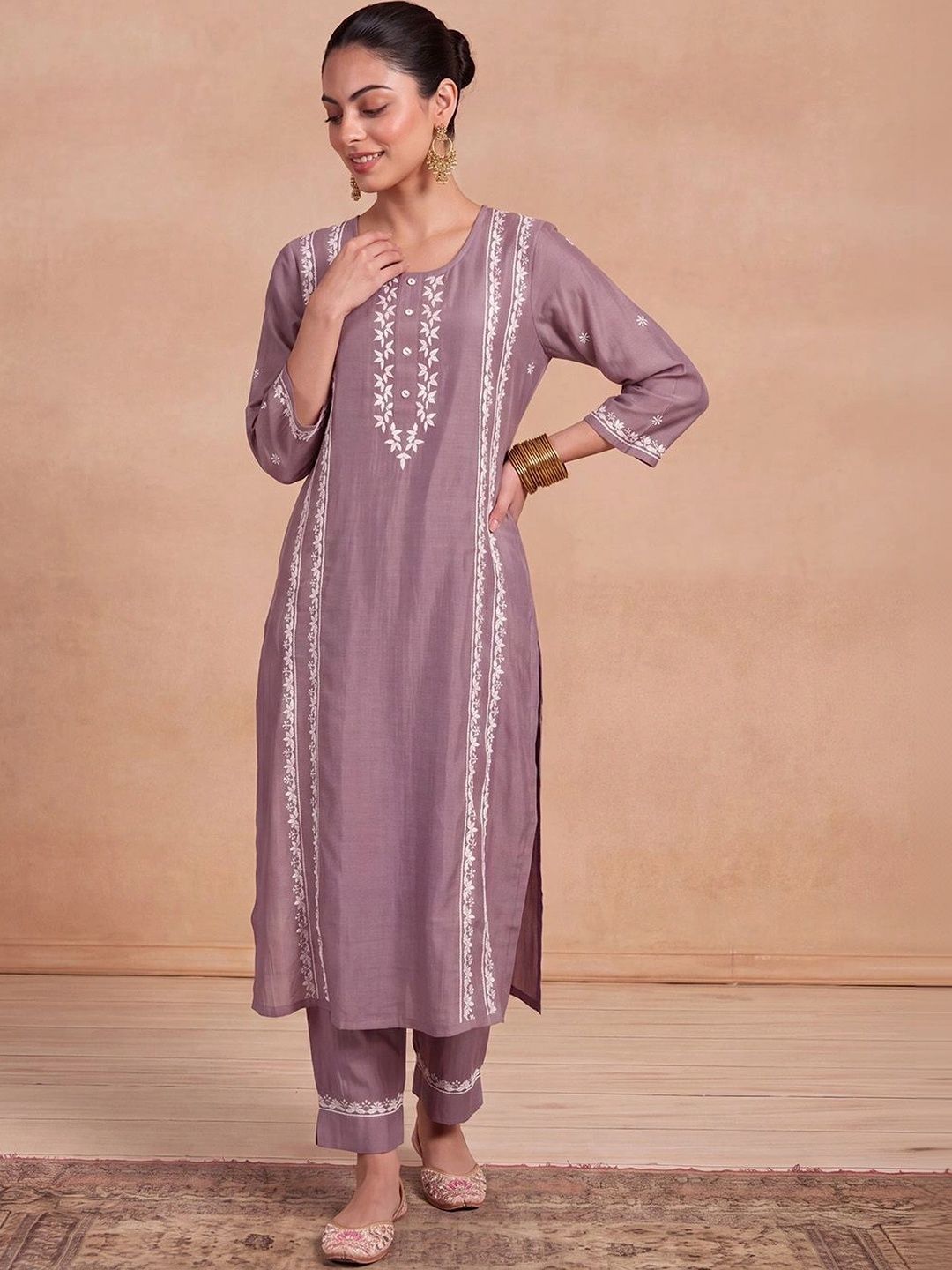 House of Chikankari Women Ethnic Motifs Embroidered Regular Thread Work Kurta with Trousers