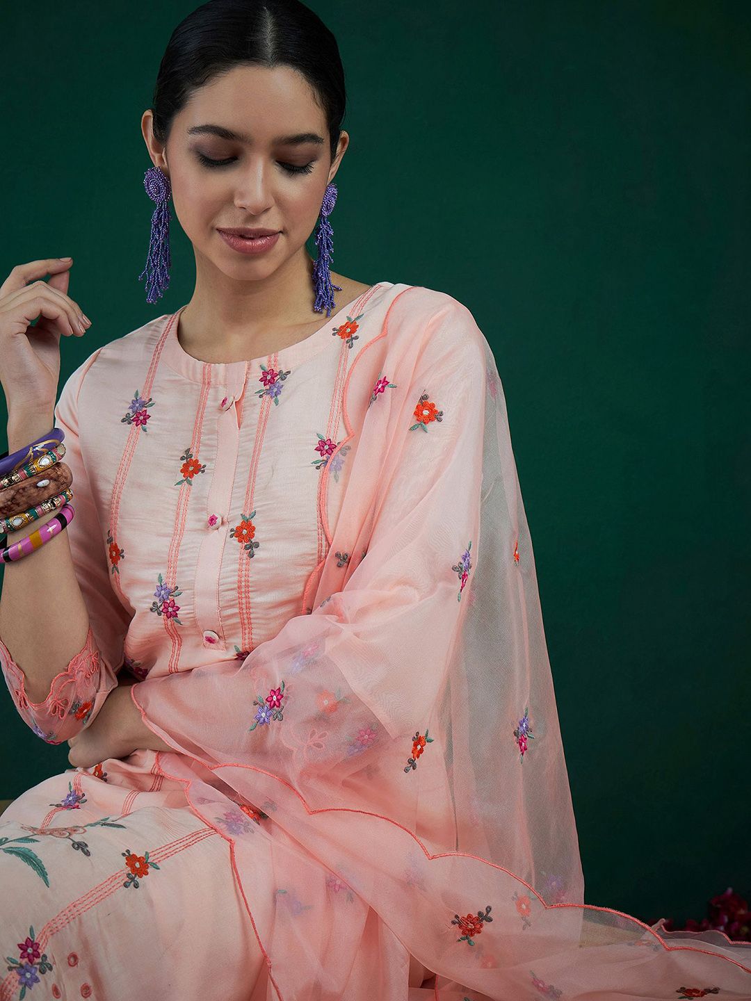 Indo Era Floral Embroidered Straight Kurta With Trousers & Dupatta