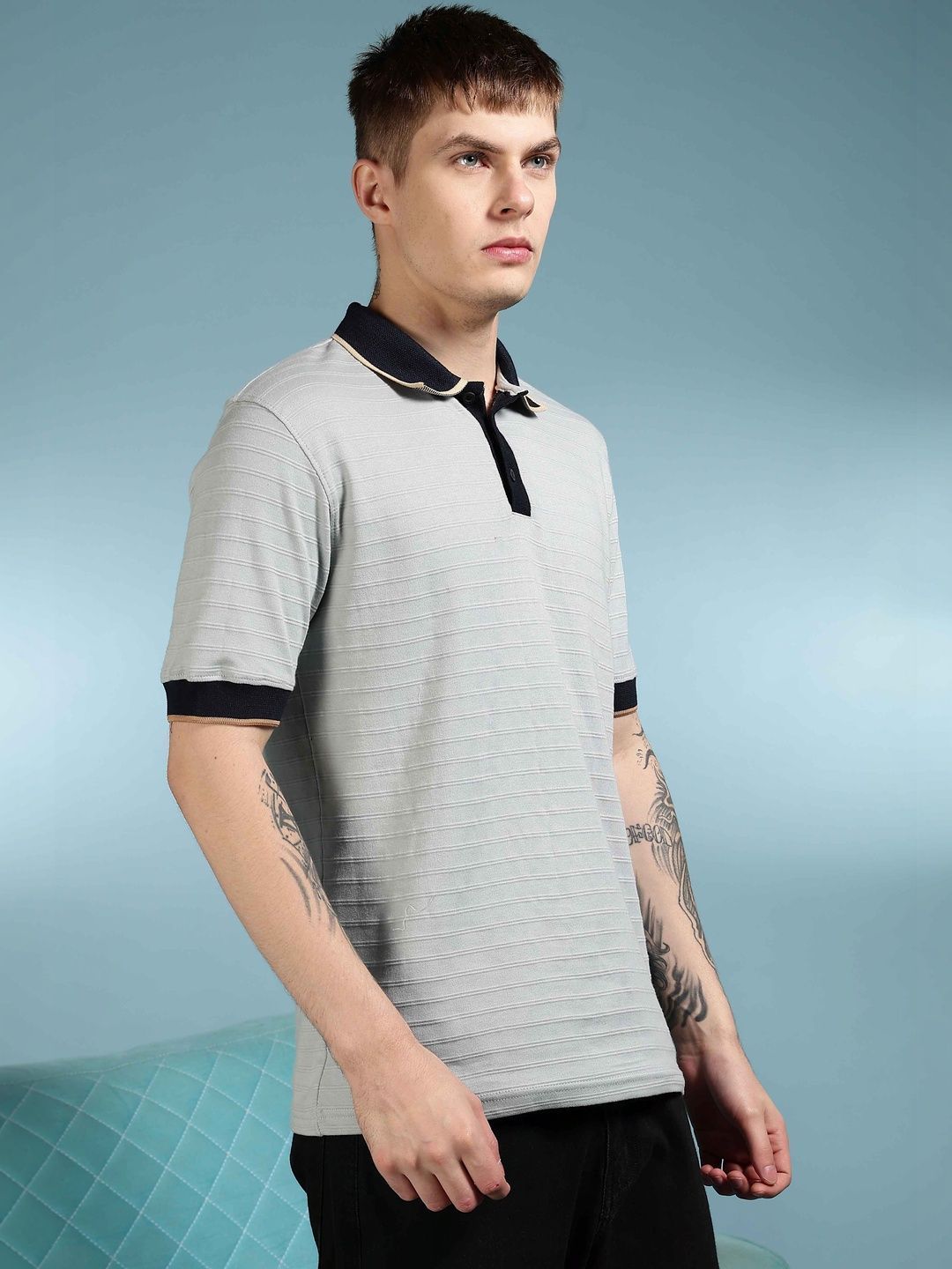 Eszett Classic Textured Self Design Cotton Polo Collar Short Sleeves T-shirt
