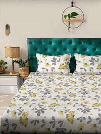 KLOTTHE Off White Floral Printed Fitted 300 TC Cotton Blend King Bedsheet & 2 Pillow Cover