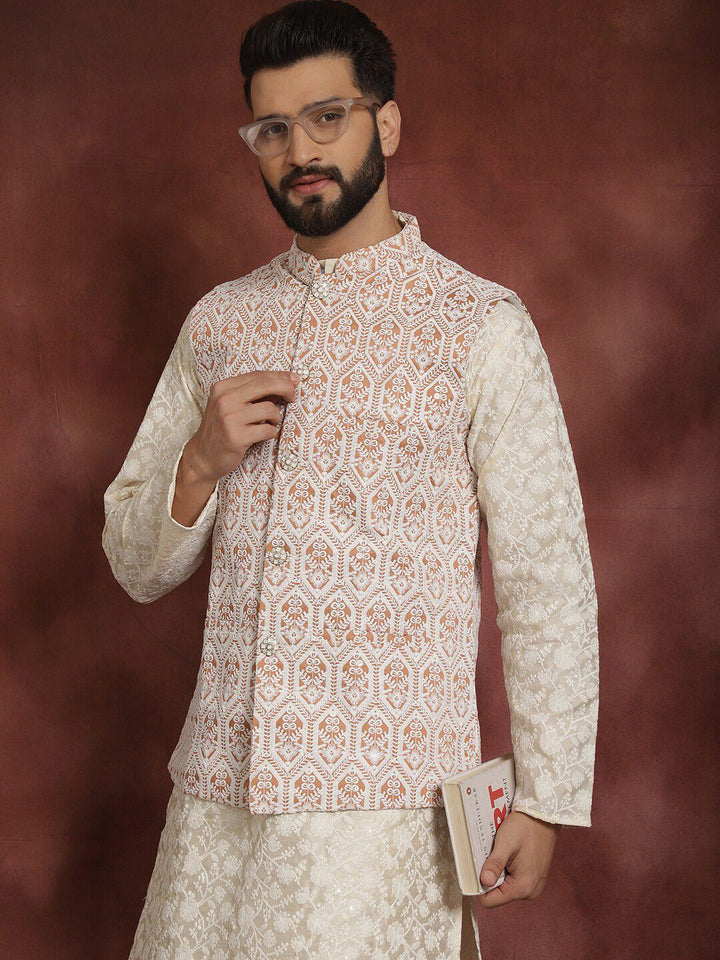Anouk Men Floral Embroidered Thread Work Straight Kurta With Pyjama & Nehru Jacket
