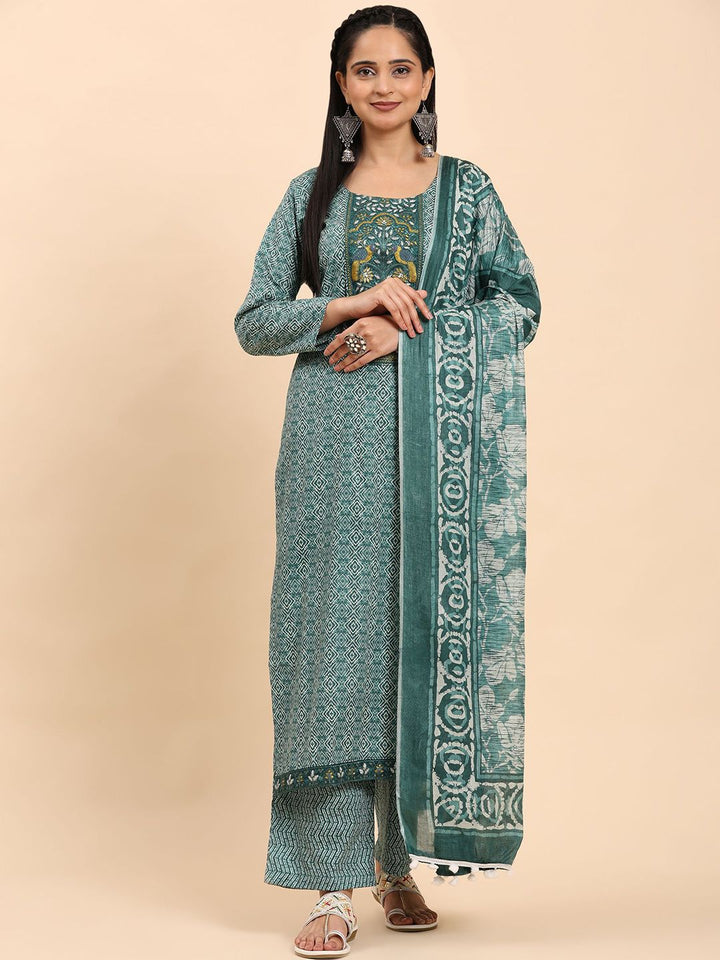 Mamicha Wanita Bercetak Kurta Kapas Tulen Biasa dengan Palazzos & Dengan Dupatta