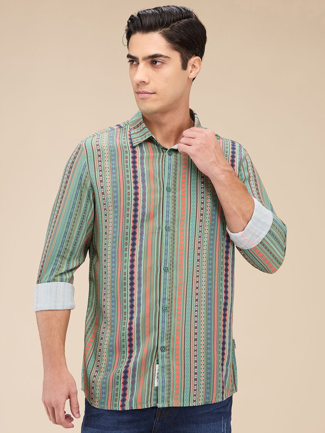 Being Human Men Spread Collar Vertical Striped Cotton Slim Fit Casual Shirt