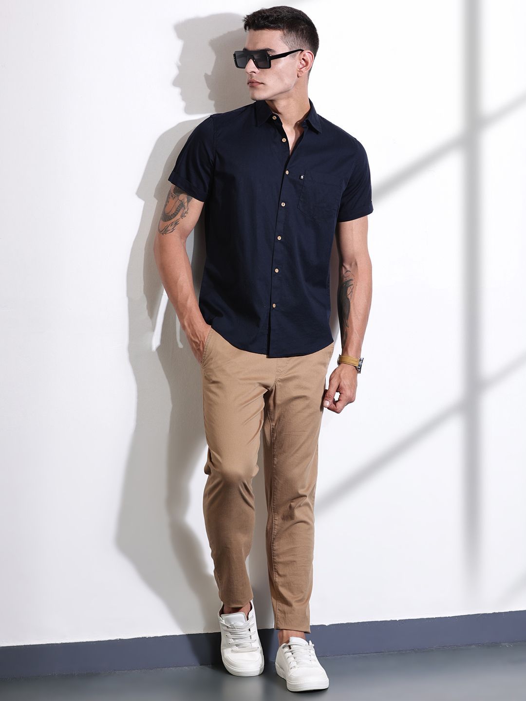 Thomas Scott Men Classic Slim Fit Spread Collar Solid Cotton Casual Shirt