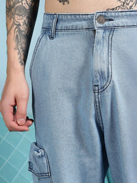 Eszett Men Blue Santai Slim Fit High-Rise Seluar Denim Cargos Mudah Dicuci