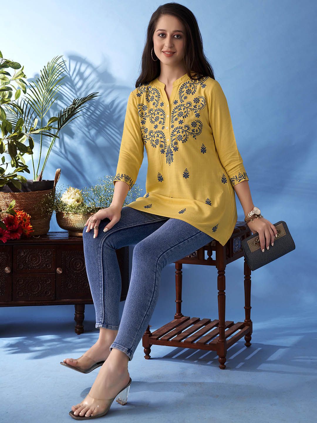 Anouk Floral Embroidered Mandarin Collar Straight Short Kurti