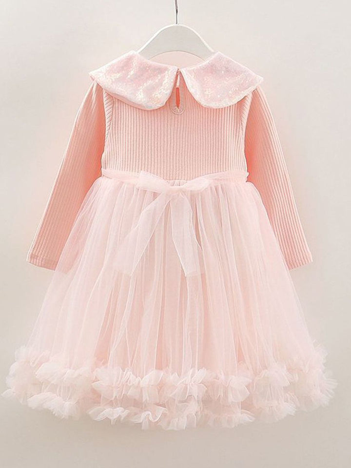 YK Kids-Girls Self Design Peter Pan Collar Barbie Character Fit & Flare Knee Length Dress