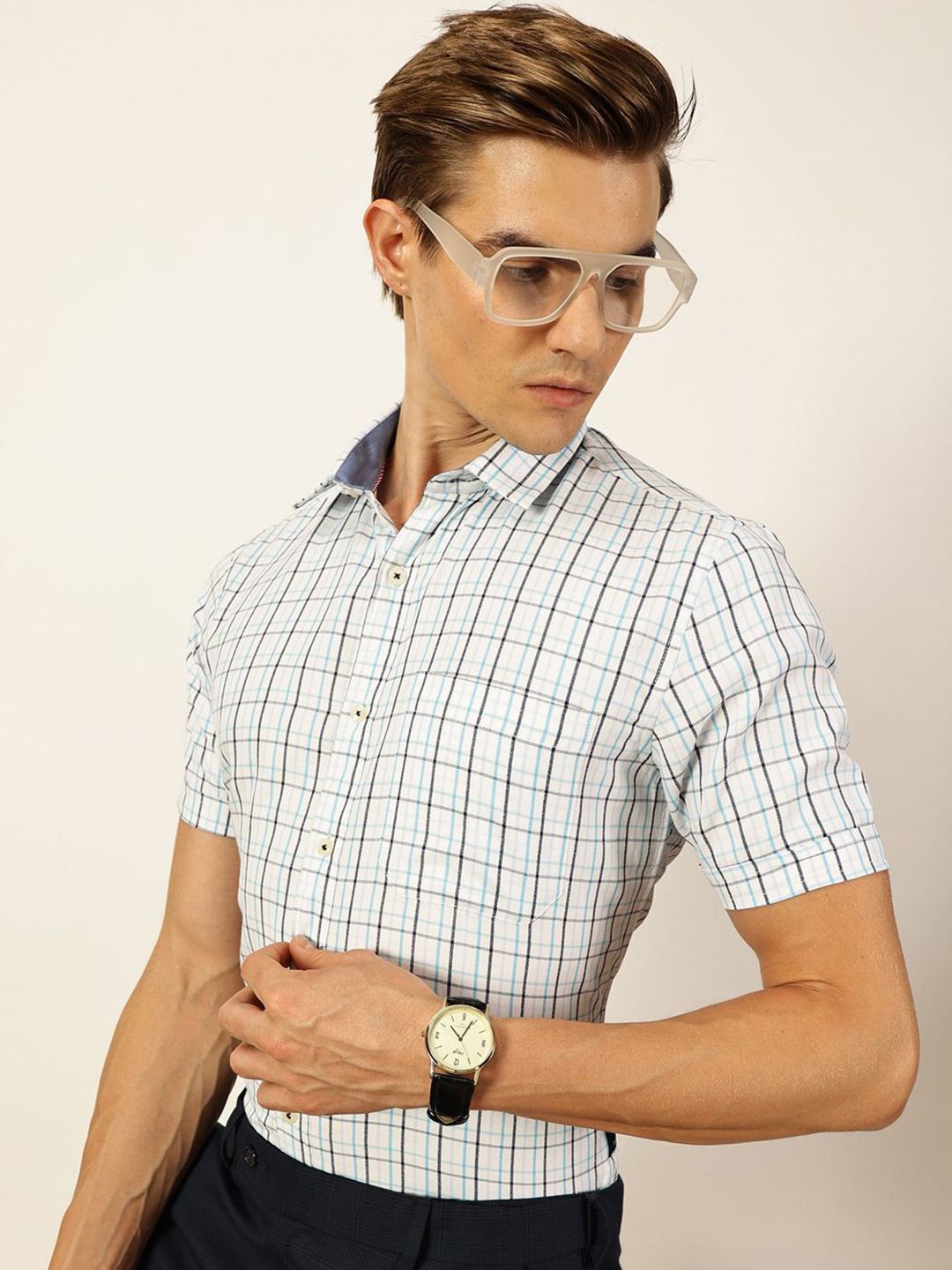 Thomas Scott Men Smart Cutaway Collar Tartan Checked Cotton Formal Shirt