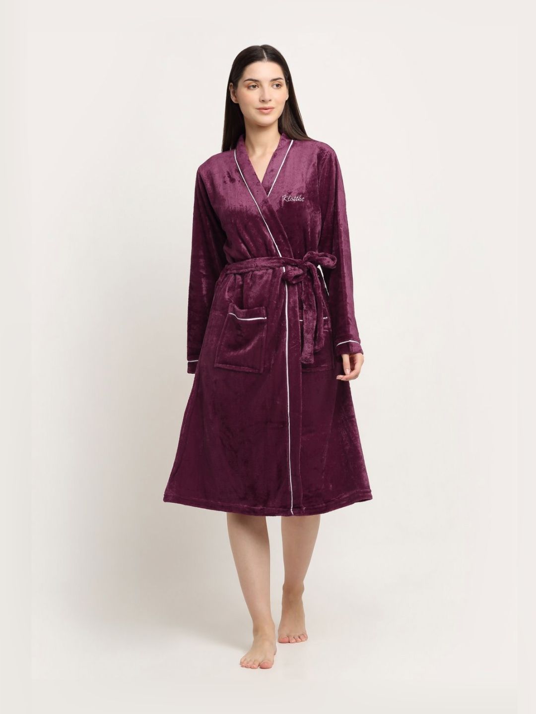 KLOTTHE Maroon Woolen Long Sleeves Bath Robe With Belt