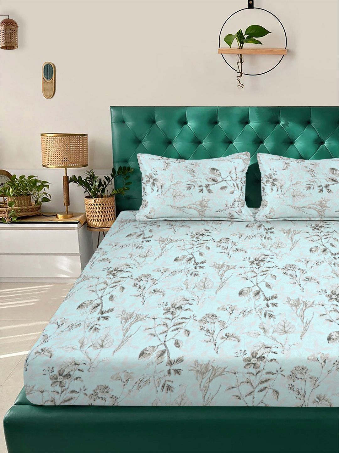 Myntra Elegant Homes Green Floral Printed Dilengkapi 400 TC King Bedsheet Dengan 2 Sarung Bantal