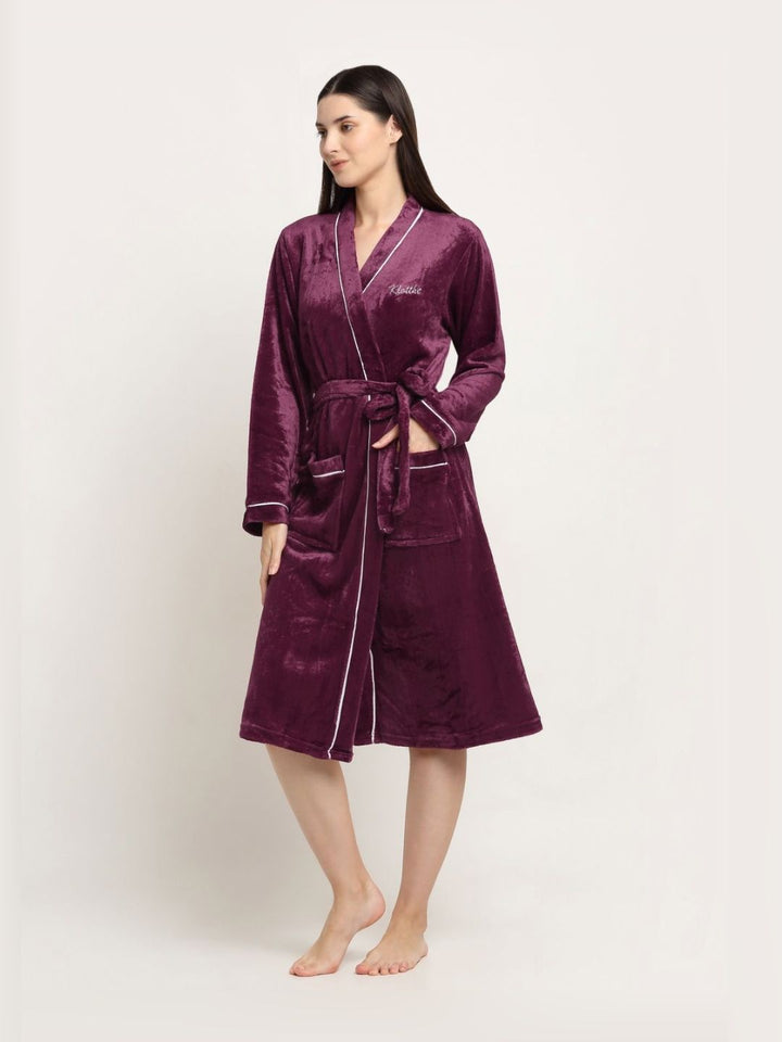 KLOTTHE Maroon & White Woollen Bath Robe With Belt