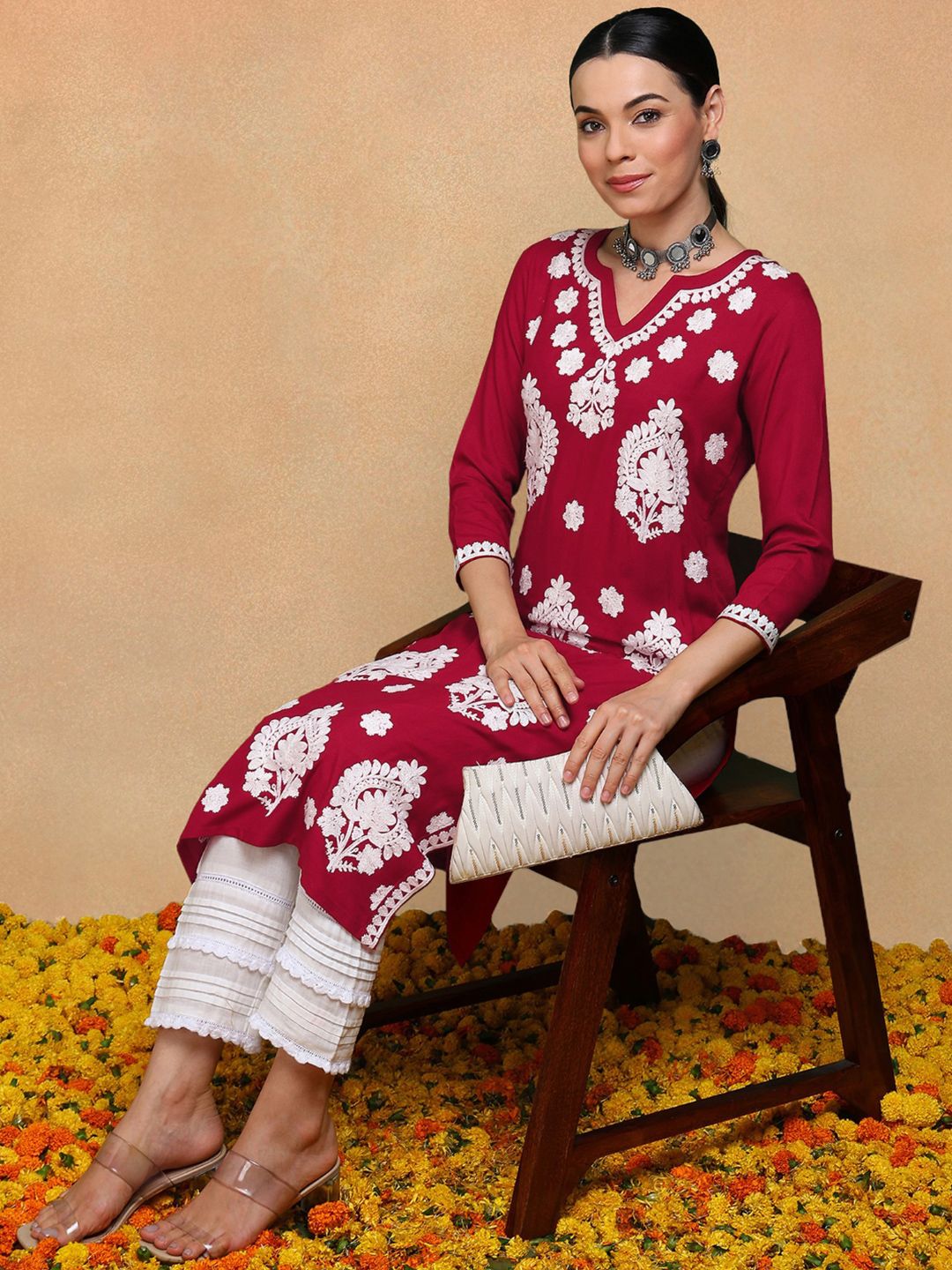 KALINI Round Neck Thread Work Straight Kurta