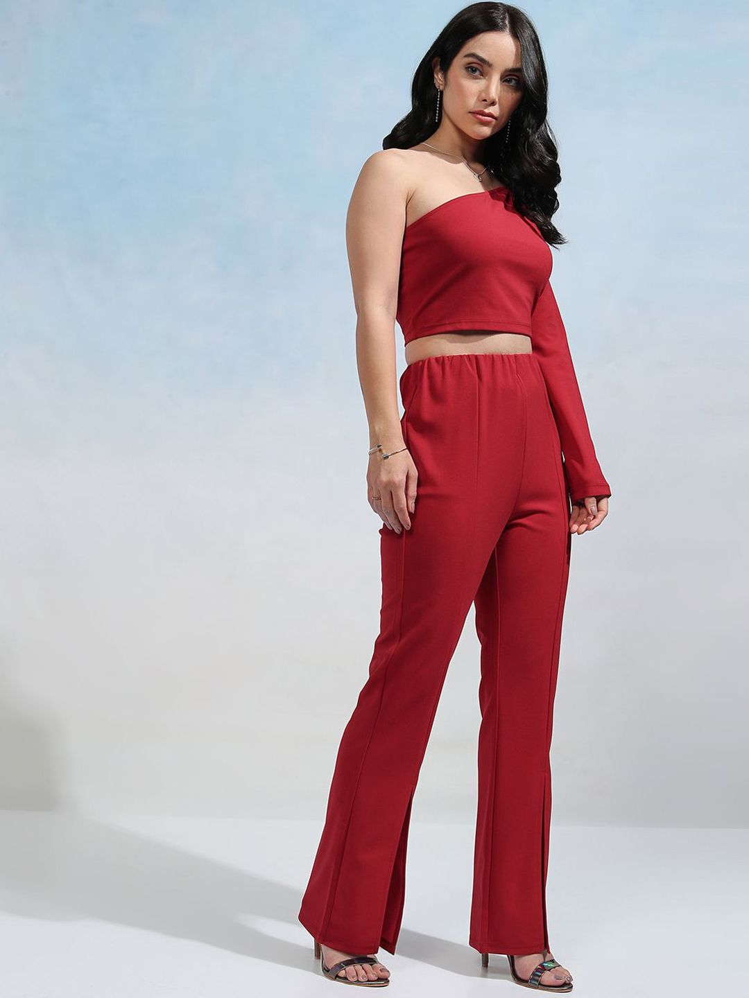 Tokyo Talkies Red One Shoulder Knitted Top With Trousers
