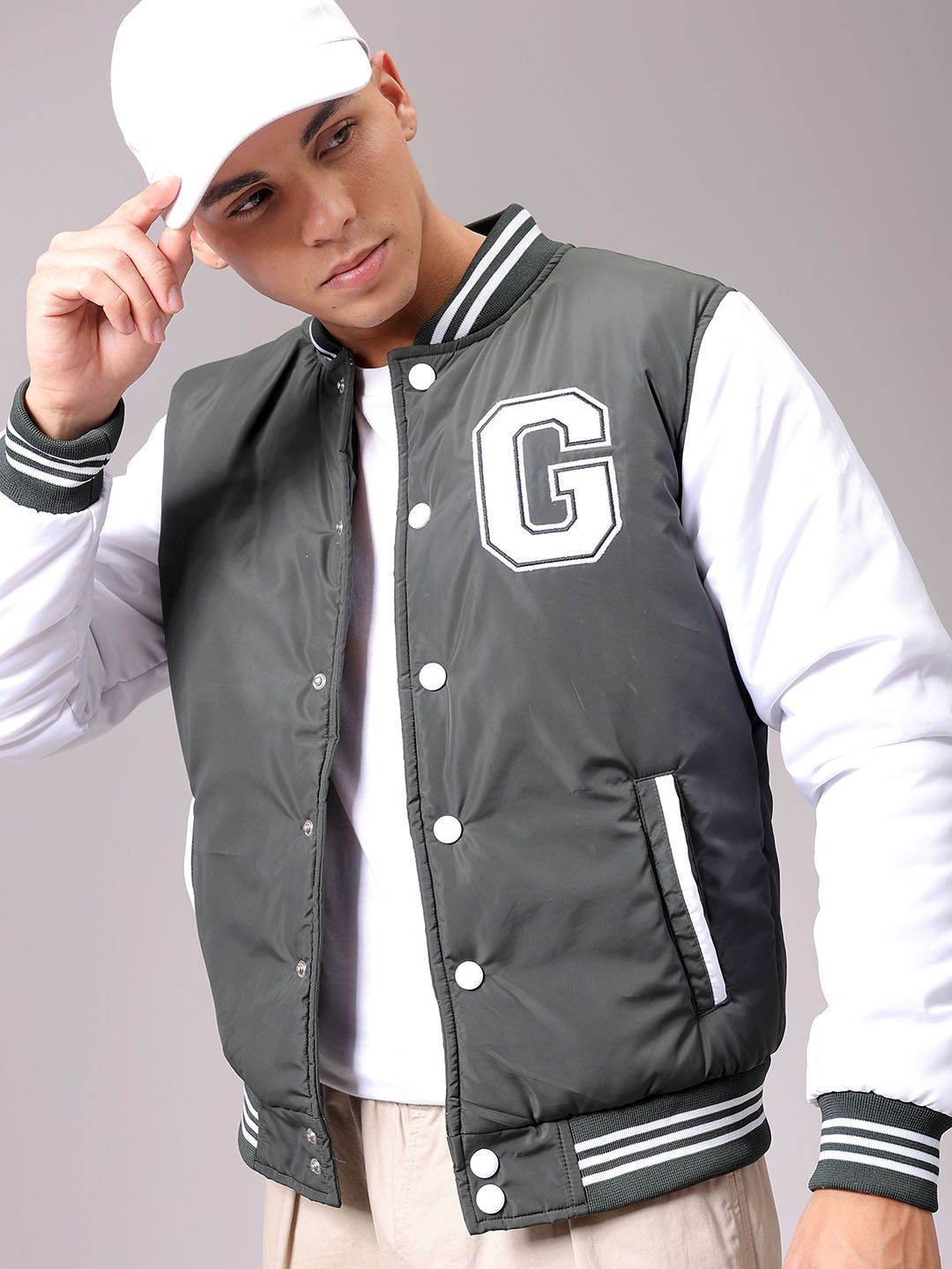 The Indian Garage Co Men Stand Collar Typography Printed Casual Varsity Jacket