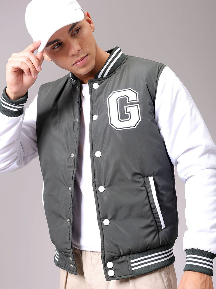 The Indian Garage Co Men Stand Collar Typography Printed Casual Varsity Jacket