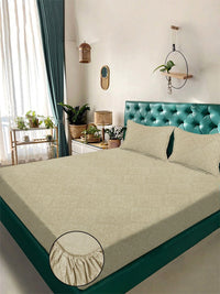 KLOTTHE Beige Embossed Fitted 300 TC King Bedsheet With 2 Pillow Cover- 2.5 m x 2.25 m