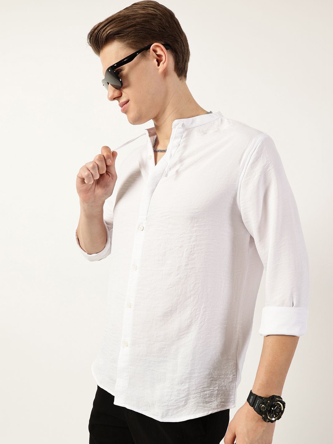 Thomas Scott Men Classic Mandarin Collar Solid Slim Fit Casual Shirt