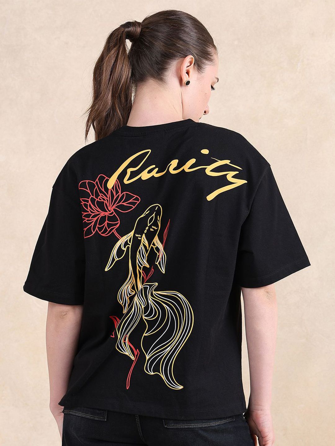 Rareism Women Graphic Graphic Printed Neck Cotton T-Shirt Berkekalan