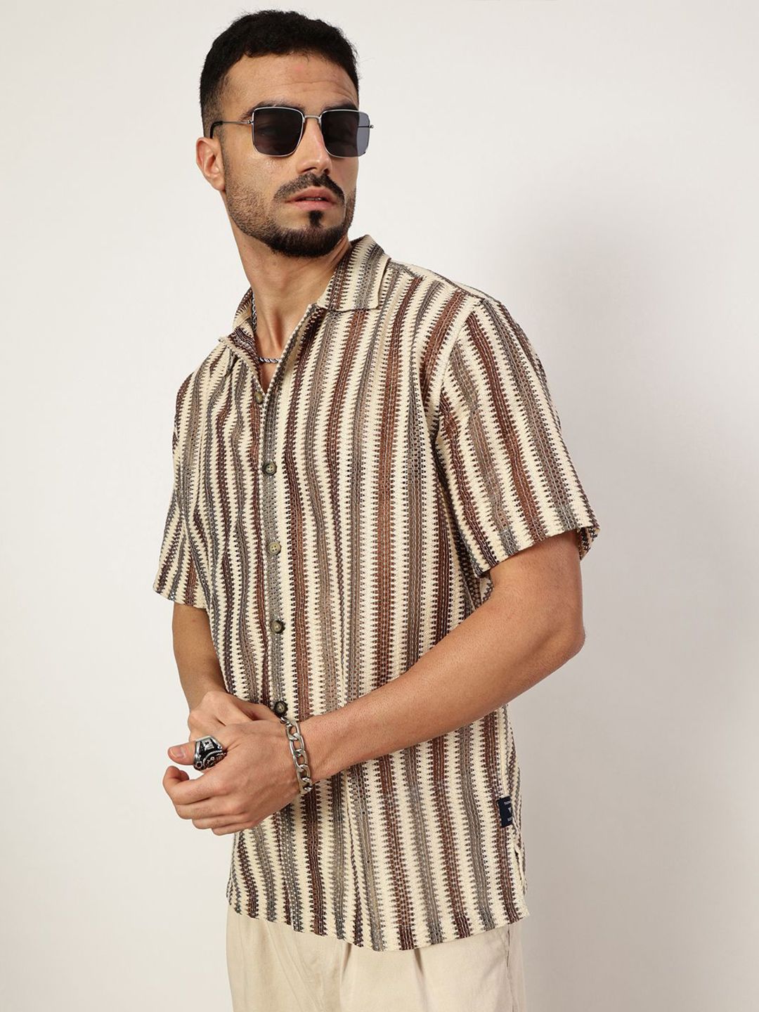 Thomas Scott Men Premium Spread Collar Vertical Striped Cotton Slim Fit Casual Shirt