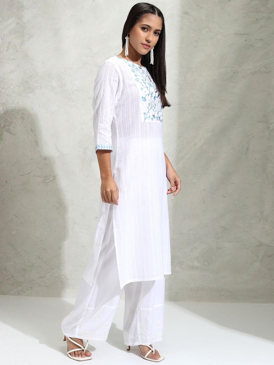 Vishudh Floral Embroidered Keyhole Neck Cotton Straight Kurta