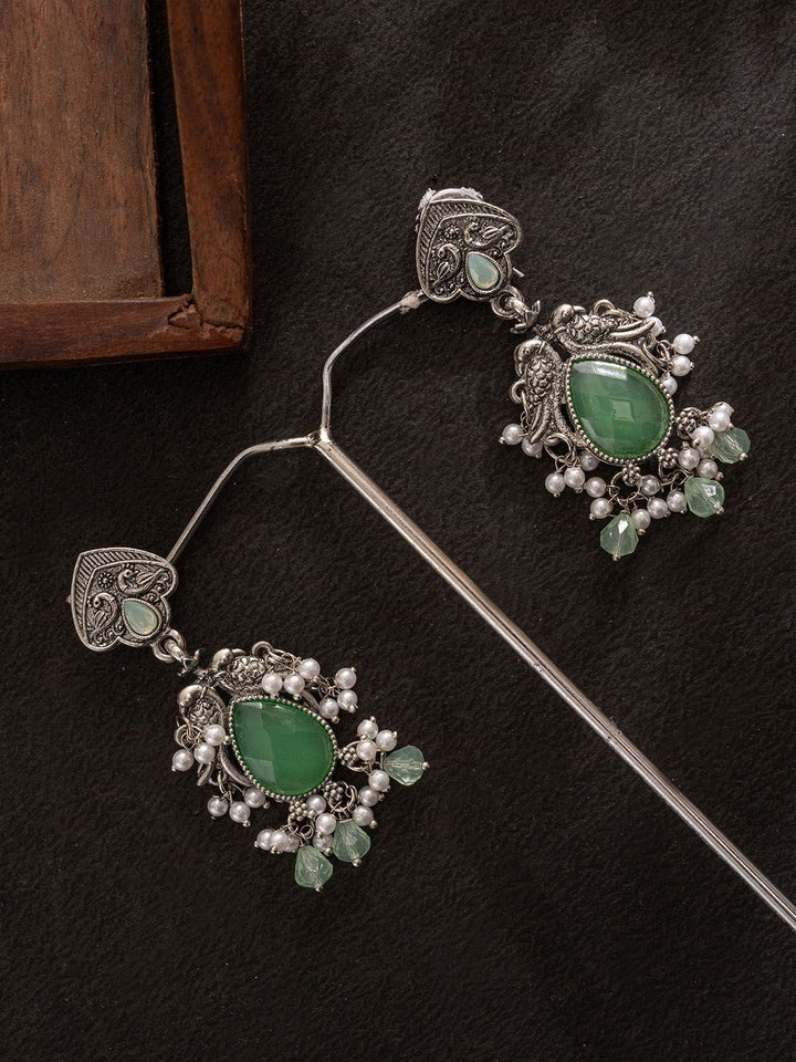 PANASH Silver-Plated Stones Studded And Beaded Contemporary Shaped Oxidized Drop Earrings