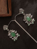 PANASH Silver-Plated Stones Studded And Beaded Contemporary Shaped Oxidized Drop Earrings