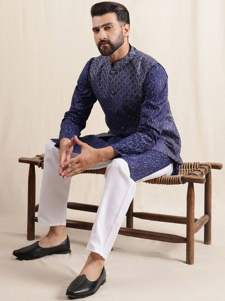 Anouk Geometric Printed Band Collar Straight Kurta With Pyjama And Nehru jacket