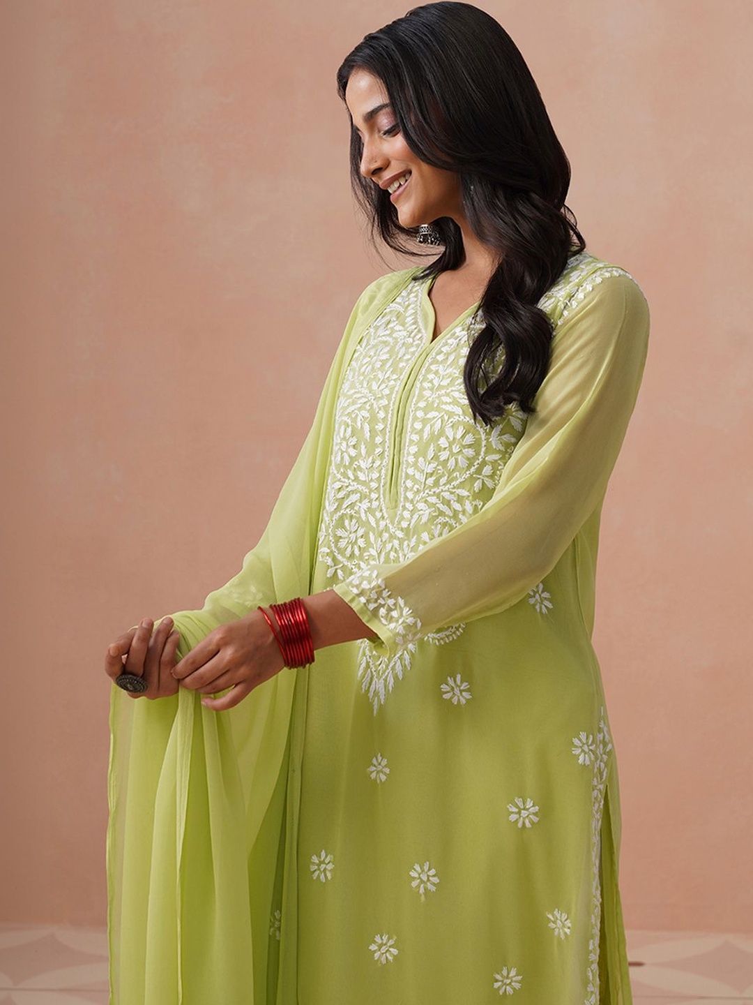 Rumah Wanita Chikankari Kerja Benang Sulam Georgette Kurta