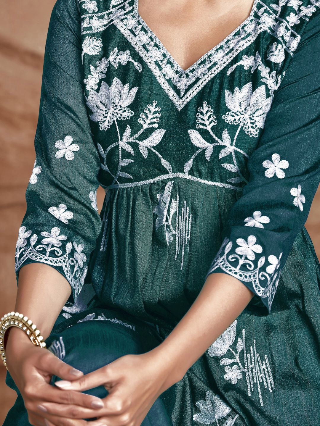 KALINI Floral Embroidered V-Neck Thread Work Silk High Slit Kurta