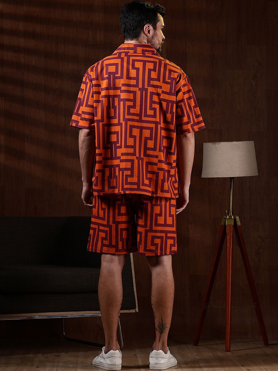 Eszett Geometric Printed Spread Collar Pure Cotton Shirt With Shorts Co-Ord Set