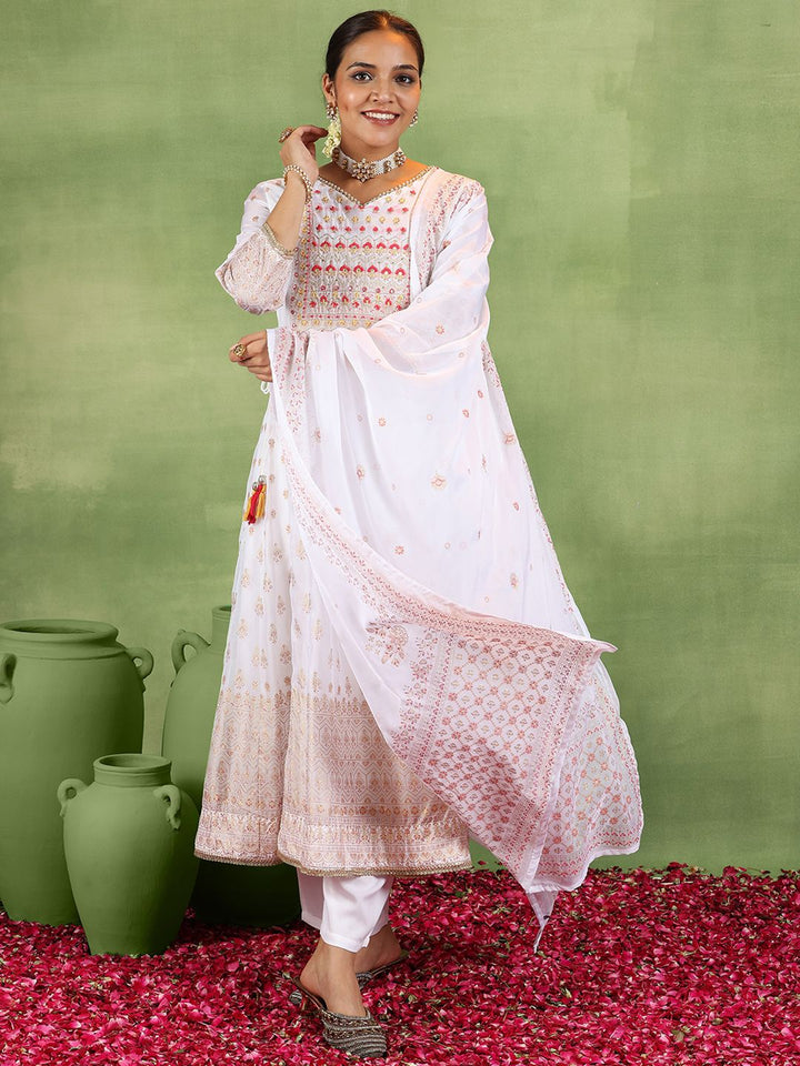 Libas Floral Embroidered Mirror Work Anarkali Kurta With Trousers & Dupatta