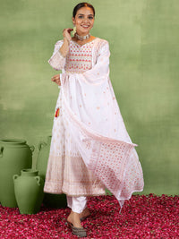 Libas Floral Embroidered Mirror Work Anarkali Kurta With Trousers & Dupatta