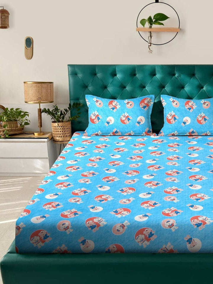 Myntra Elegant Homes Blue Cartoon Print Cotton 400TC King Double Bedsheet & 2 Pillow Cover