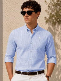 ADRO Men Sky Blue & White Mini Checked Regular Fit Casual Cotton Shirt