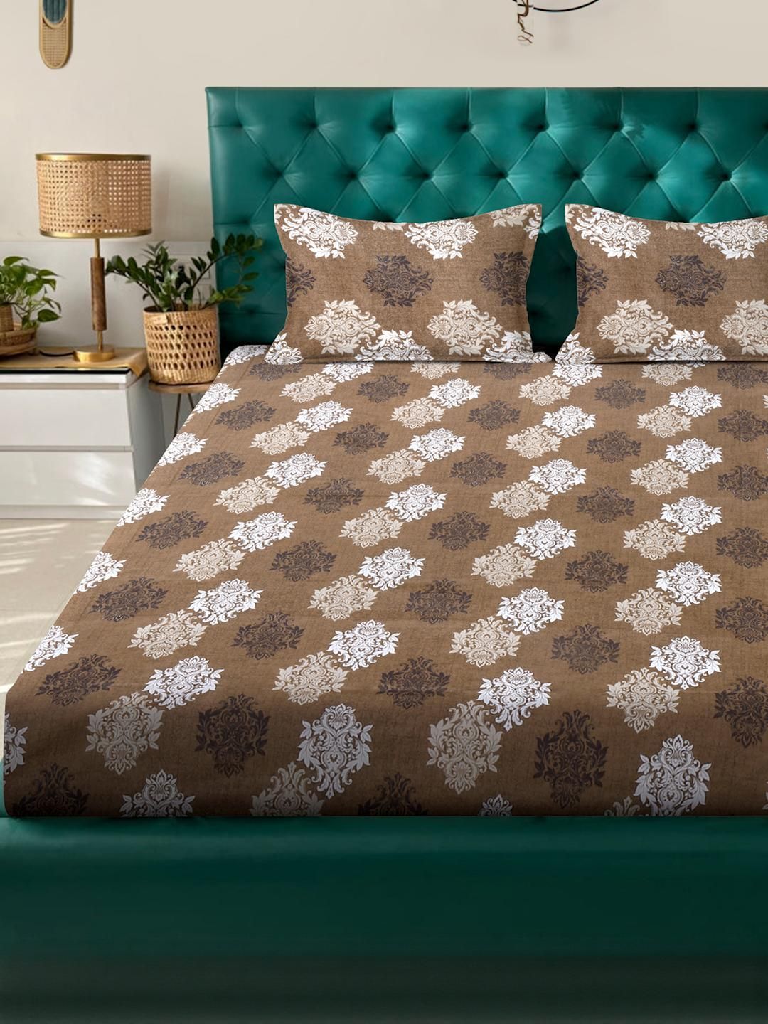KLOTTHE Motif Etnik Coklat Kapas Tulen Bernafas 400 TC Cadar King Halus dengan 2 Sarung Bantal-250 x 225 sm