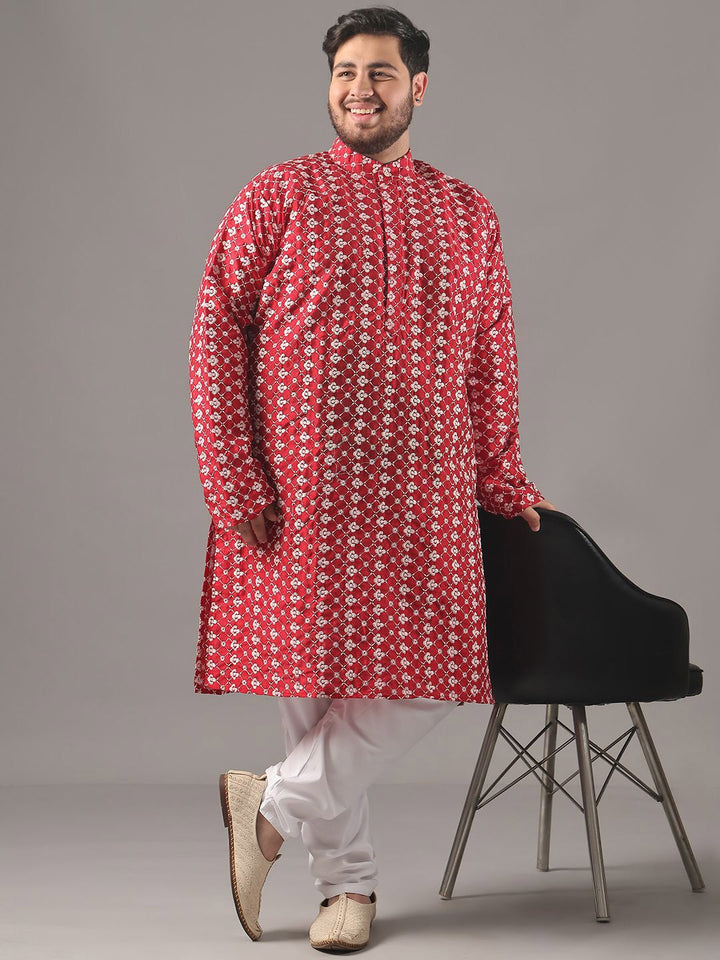 SOJANYA PLUS Plus Size Lelaki Kolar Jalur Sulam Bunga Kurta Lurus Dan Piyama