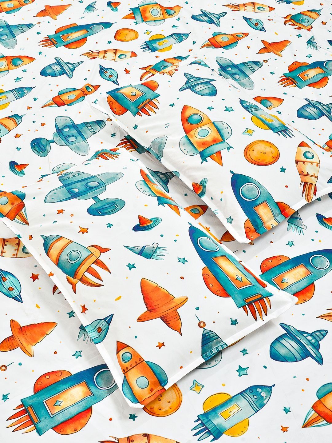 KLOTTHE  White & Blue Cartoon Printed Flat 300 TC Double King Bedsheet With 2 Pillow Cover