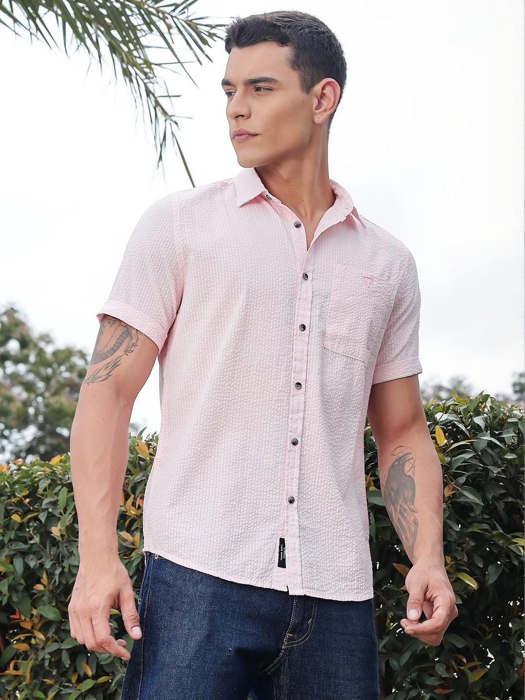 Thomas Scott Men Classic Slim Fit Seersucker Casual Shirt